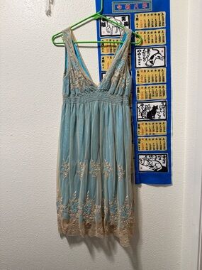 Embroidered V-Neck Slip Dress in Light Blue with Lace